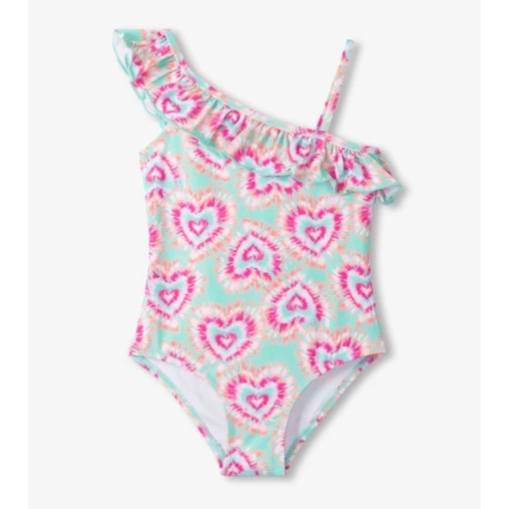 NWT Hatley Swim Rainbow Tie Dye Glow Hearts 1 Piece Swimsuit Ruffle Trim Girls 8